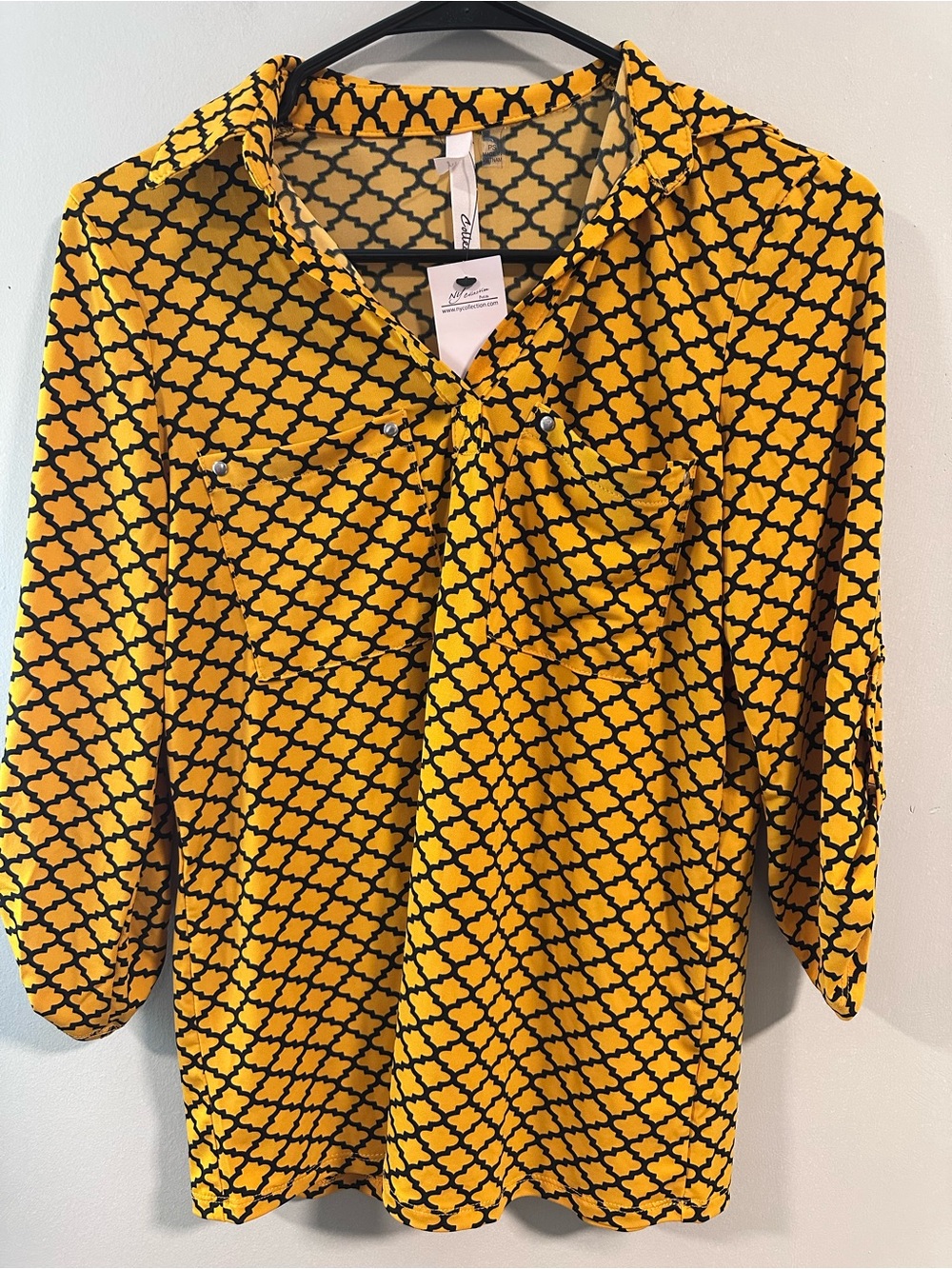 NY Collection Yellow and Black Geometric Tie-Neck Blouse